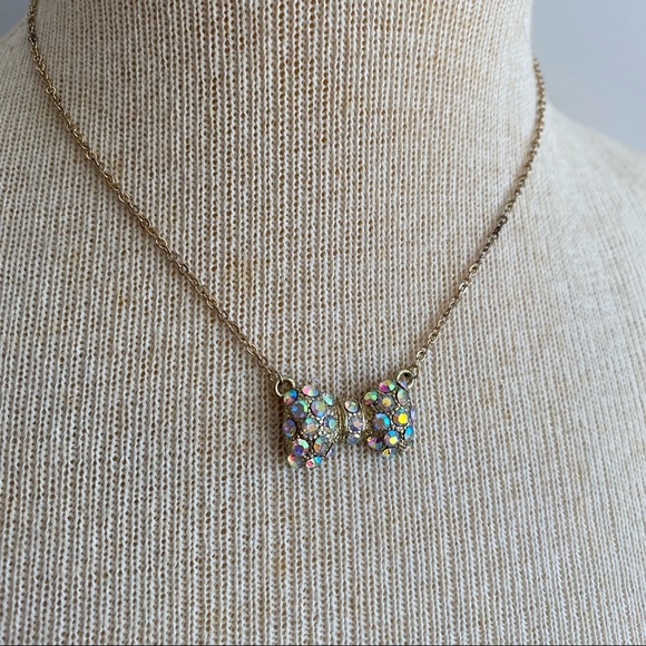 Aurora Borealis Rhinestone Bow Necklace - Picture 2 of 9